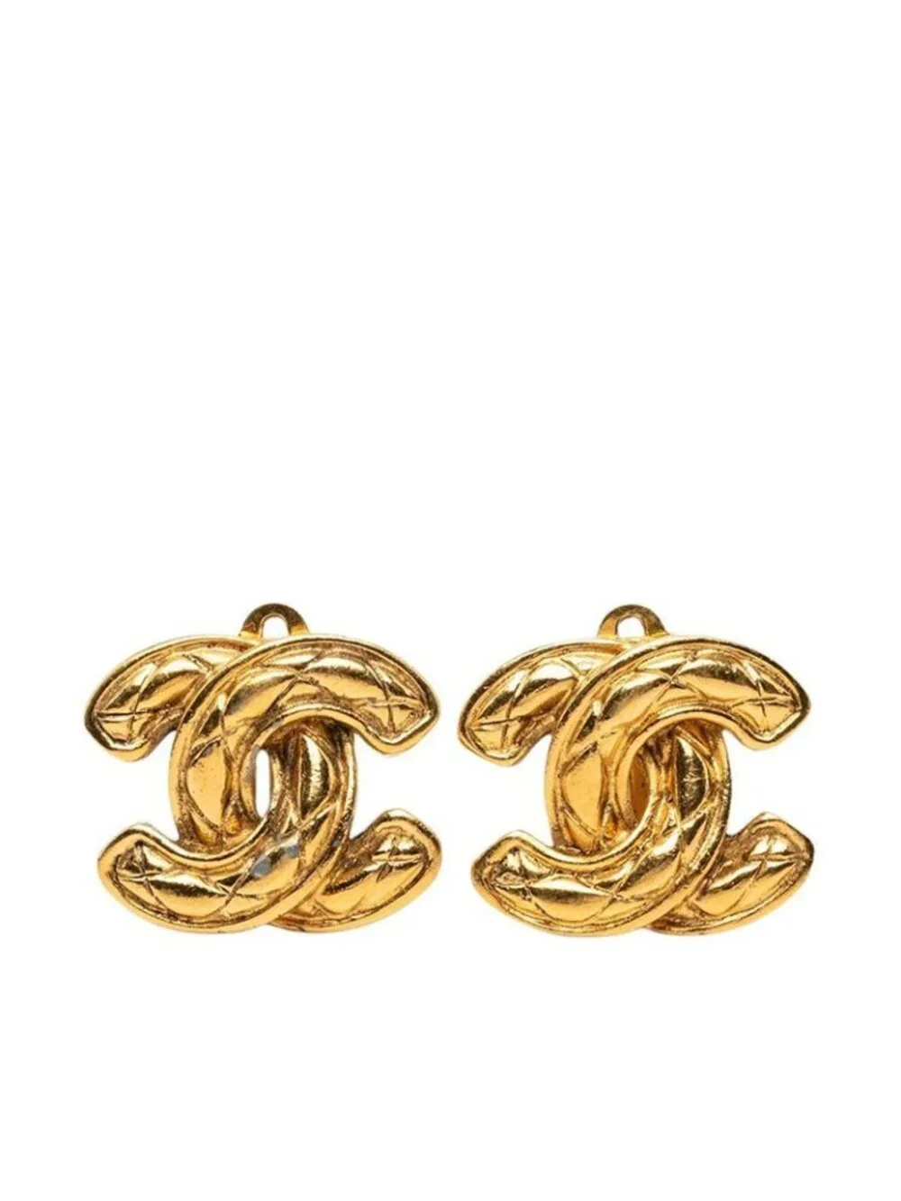 Chanel Quilted CC Logo Vintage Earrings Gold Plated